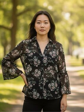 Sweet Rain Black Floral Pattern Blouse Womens Small Distinct Tie Long Sleeve